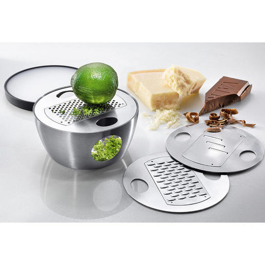 Tischreibe, 6-teilig Reiben, raspeln, hobeln. Direkt in die Servierschale. Sauber auffangen. Aromadicht aufbewahren.