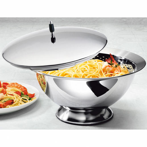 Pasta-Servierset, 3-teilig Das patentierte, preisgekr&ouml;nte Edelstahl-Set mit Serviersch&uuml;ssel, Siebeinsatz und Dampf durchl&auml;ssigem Deckel.