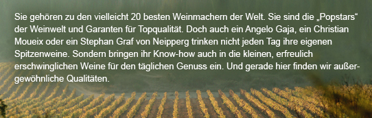 Sie gehören zu den vielleicht 20 besten Weinmachern der Welt.Sie sind die „Popstars“ der Weinwelt und Garanten für Topqualität.Doch auch ein Angelo Gaja,Christian Moueix oder ein Stephan Graf von Neipperg trinken nicht jeden Tag ihre eigenen Spitzewein.