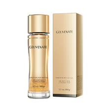 Flasche eines Hautpflegegels in Gold mit eleganter Verpackung.