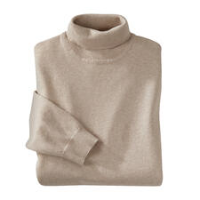 Rolli, Creme Beige Feinstrick-Rollkragenpullover, zusammengerollt mit einem Ärmel.