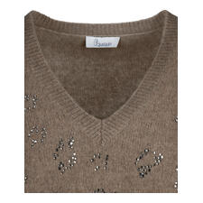 Raccoon-Flausch-Pullover Nahaufnahme des V-Ausschnitts eines braunen Pullovers mit Glitzer.