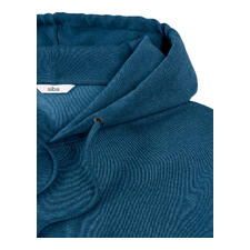 Cashmere Cotton Loungewear-Anzug Nahaufnahme des tealfarbenen Loungewear-Hoodies mit Kapuze.