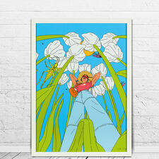 Anna Rupprecht – A Bug’s Life Illustration einer Person, die zwischen hohen Blumen steht, umgeben von Insekten.