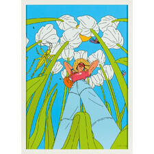 Anna Rupprecht – A Bug’s Life - Illustrations-Künstlerin Anna Rupprecht editiert erstmals eines ihrer unverkennbaren Werke. 30 Exemplare. Exklusiv bei Pro-Idee. Maße gerahmt: 43 x 59 cm Bunte Grafik von einer Person, die sich entspannt und Blumen über sich hat.