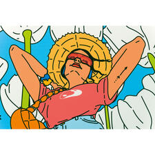 Plakative Farben und klare Konturen sind die Grundbausteine für Rupprechts Werke. Nahaufnahme einer Person mit Sonnenhut und entspannter Pose unter Blumen.