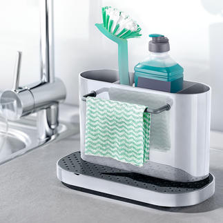 Spülbecken-Organizer 3fach unterteilt (statt oft nur 2fach). Zum hygienischen Reinigen komplett zerlegbar.