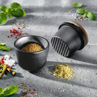 Gusseisen-Mörser mit Gewürzen auf dem Tisch.