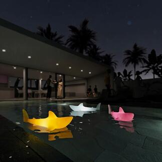 Bunte Hai-Leuchten schwimmen im Pool bei Nacht