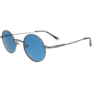 Runde John Lennon Sonnenbrille mit blauen Gläsern und silbernem Gestell.