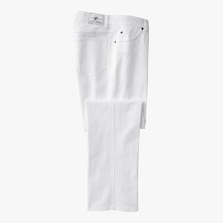 Weiße T400 Jeans mit abgenähtem Bein auf einem weißen Hintergrund