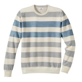 Gestreifter Pullover für Herren in blau, grau und creme auf hellem Hintergrund.