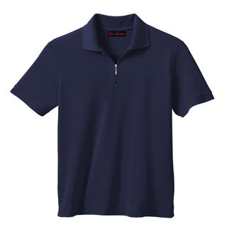 Dunkelblaues Poloshirt mit Reißverschluss, auf weißem Hintergrund.