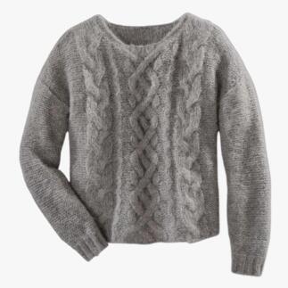 Grau-einfarbiger Alpaka-Grobstrickpullover mit Zopfmuster