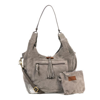 Anokhi Beuteltasche in Grau mit Fransen und Seitentasche.