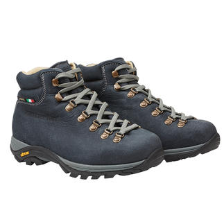 Zwei Zamberlan® Damen-Wanderstiefel in dunkelblau stehen nebeneinander.