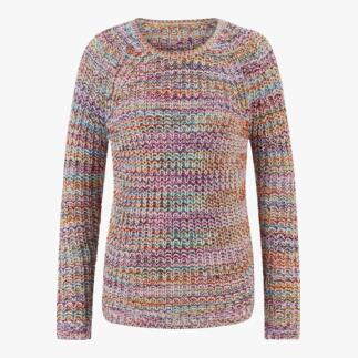 Bunter Baumwollpullover, Vorderansicht auf einem weißen Hintergrund.