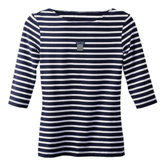 Vorderansicht eines gestreiften Shirts in Navy und Weiß mit Markenetikett.