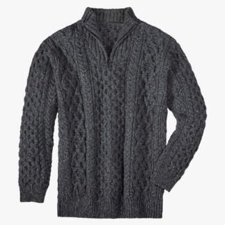 Dunkelgrauer, grob gestrickter Troyer mit Zipper.