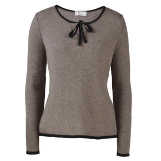 Beige Schleifen-Pullover mit rundem Ausschnitt und Schleife.