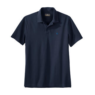 Dunkelblaues Polo-Shirt, Ansicht von vorne, Stofftextur sichtbar.