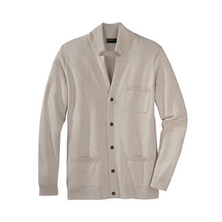 Beiger Pima-Cotton-Cardigan, frontal präsentiert.