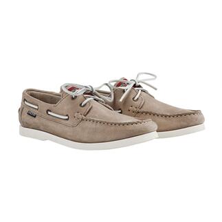 Beiger Snipe® Leder-Bootsschuh mit klassischem Design und Schnürung.