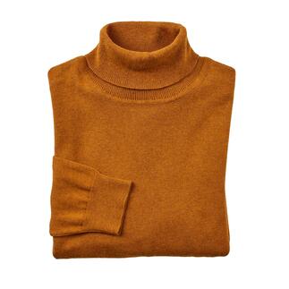Curryfarbener Feinstrick-Rollkragenpullover, zusammengerollt.