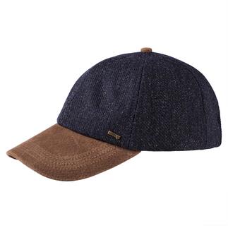 Navy Leder-Tweed-Cap mit brauner Schirm.