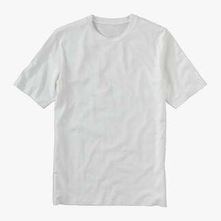 Weißes Tencel™-Basic-T-Shirt auf grauem Hintergrund.