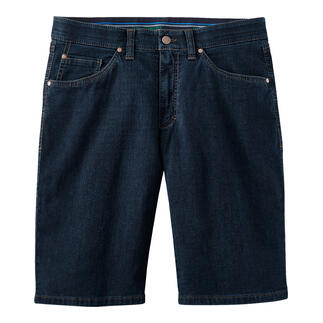 Vorderansicht von dunkelblauen 24-Stunden-Jeans-Shorts auf einem weißen Hintergrund.