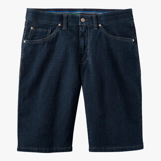 Vorderansicht von dunkelblauen 24-Stunden-Jeans-Shorts auf einem weißen Hintergrund.