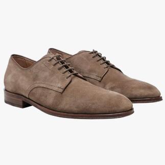 Heschung Velours-Business-Schuh, zwei Schuhe nebeneinander in braunem Suède.