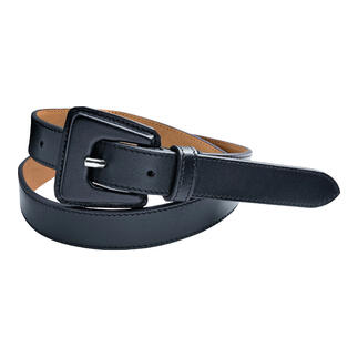 Monochromer Ledergürtel in Navy, Größe 75 cm, mit rechteckiger Gürtelschnalle.