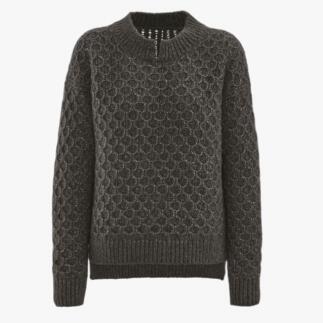 Dunkelgrüner Pullover mit Struktur, hoher Kragen und lässiger Schnitt.