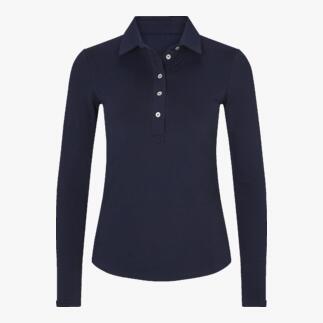 Navyfarbene Winter-Poloshirt mit langen Ärmeln und Knopfleiste auf weißem Hintergrund.