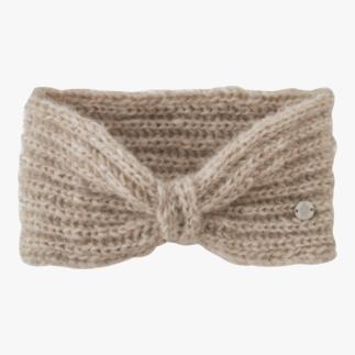Beige Alpaka-Stirnband mit Knoten auf weißem Hintergrund.