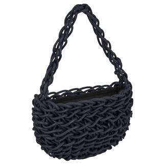 Flechtbeuteltasche in Navy-Farbe von der Seite.