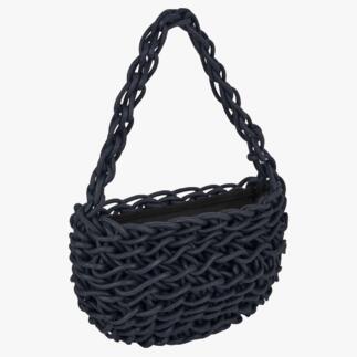 Flechtbeuteltasche in Navy-Farbe von der Seite.