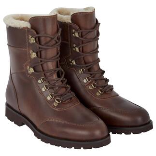 Braune Lammfell-Sneaker-Boots mit Schnürung, seitliche Ansicht.