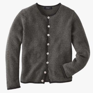 Dunkelgrauer Strickjanker mit runden Knöpfen, aus Alpaka-Yak-Mischung.