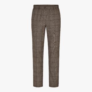 Vordere Ansicht einer karierten Schurwollhose in Braun und Beige.