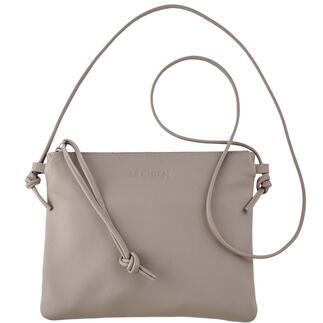 Beige Crossbody-Tasche mit verstellbarem Trageriemen und Reißverschluss.