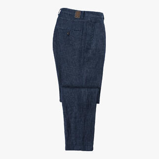 Indigo-Leinenhose von der Seite, mit Gesäßtasche.