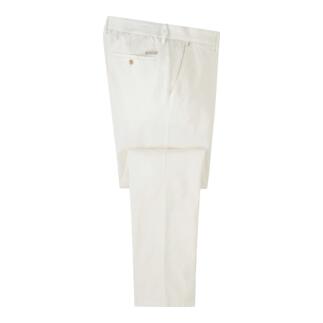 Helle, gerade geschnittene Chinohose in Ecru mit seitlichem Taschenlabel.