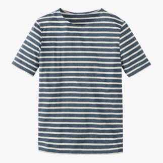 Gestreiftes T-Shirt in Jeansfarben und Ecru auf weißem Hintergrund.