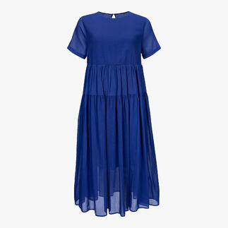 Vorderansicht des blauen Sommerkleides mit voluminösem Rock