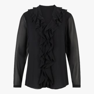 Schwarze Rüschenbluse von Janice & Jo, Vorderansicht.