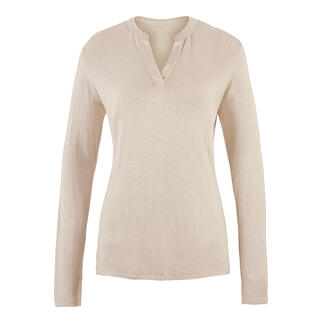 Beige Tunika-Shirt mit V-Ausschnitt und langen Ärmeln.