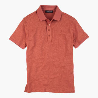 Terrakottafarbendes Leinen Polo-Shirt in Größe 48 mit kurzer Ärmeln und einem klassischen Kragen.